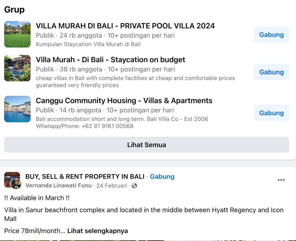 facebook group promoting bali villa