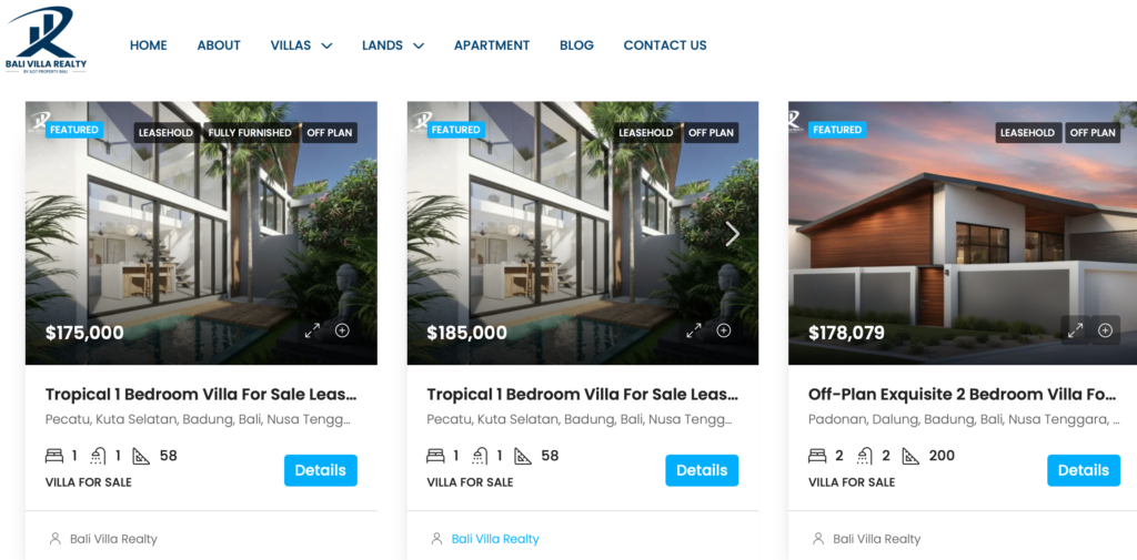 bali villa realty listing website
