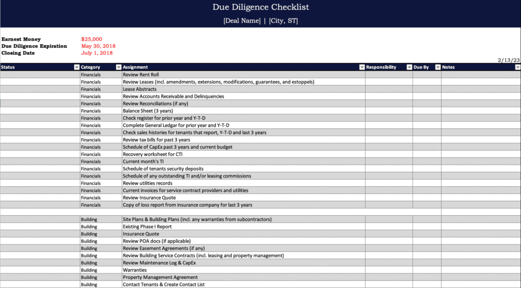 Real Estate Due Diligence Checklist example