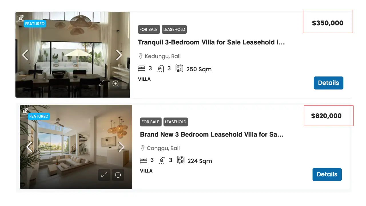 kedungu villa vs canggu villa price comparison