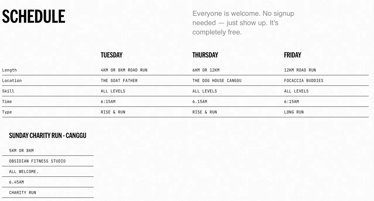 rise run bali community weekly schedule