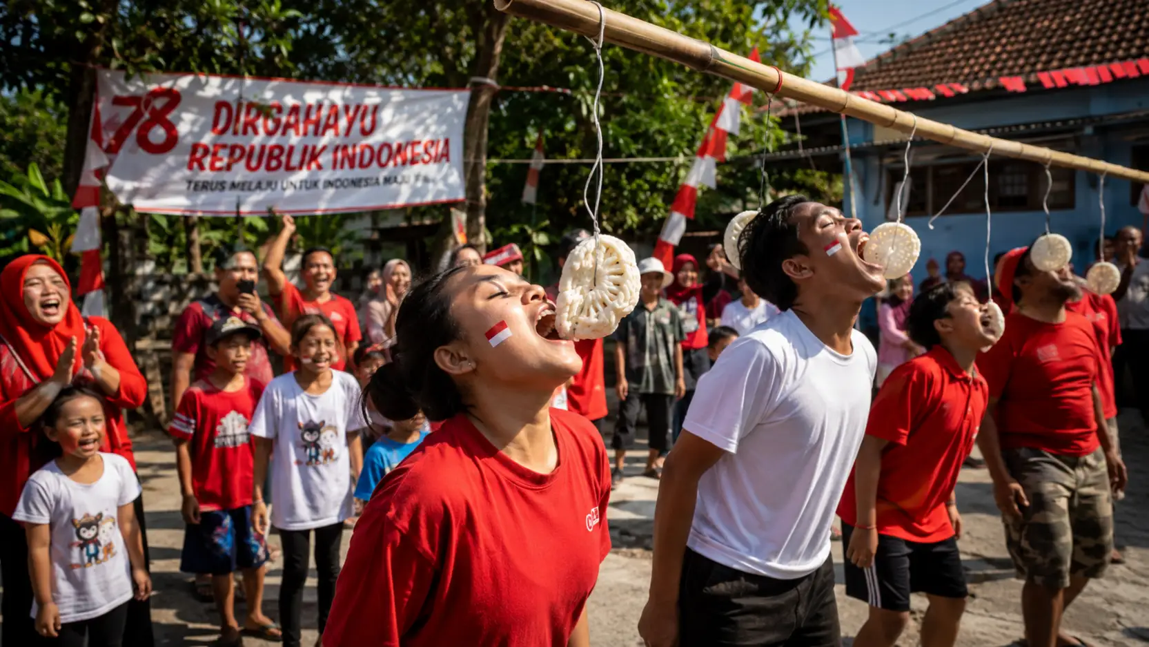 kerupuk eating games during indonesian independence day
